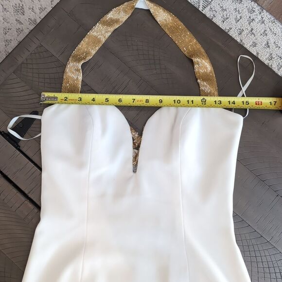 Cache 90s Ivory Mini Halter Cocktail Dress Plunge Gold Beaded Neckline Sz 6 - Picture 13 of 16
